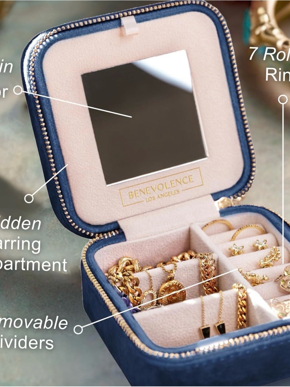 Benevolence LA Plush Velvet Jewerly Box - Travel Case Organizer with Mirror - Picture 3 of 11